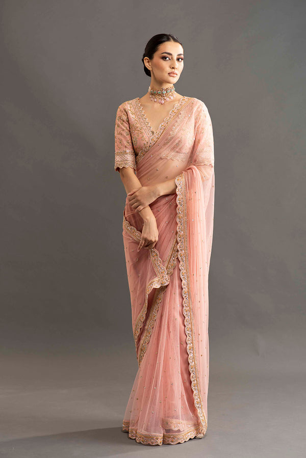 Heavy Embroidered Silk Net Saree - Rose Gold