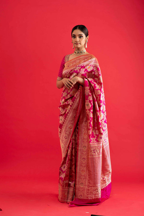 Banaras Mennakari Saree - Pink