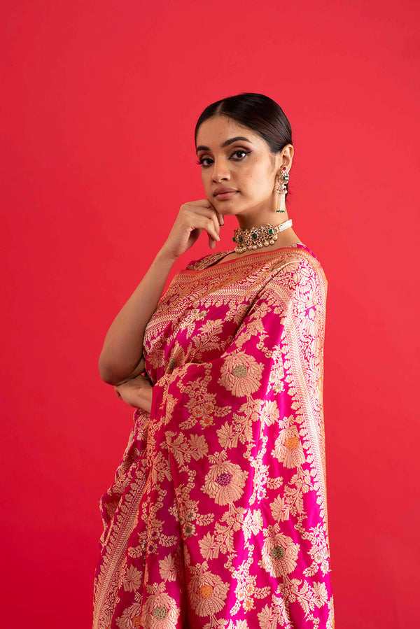 Banaras Mennakari Saree - Pink
