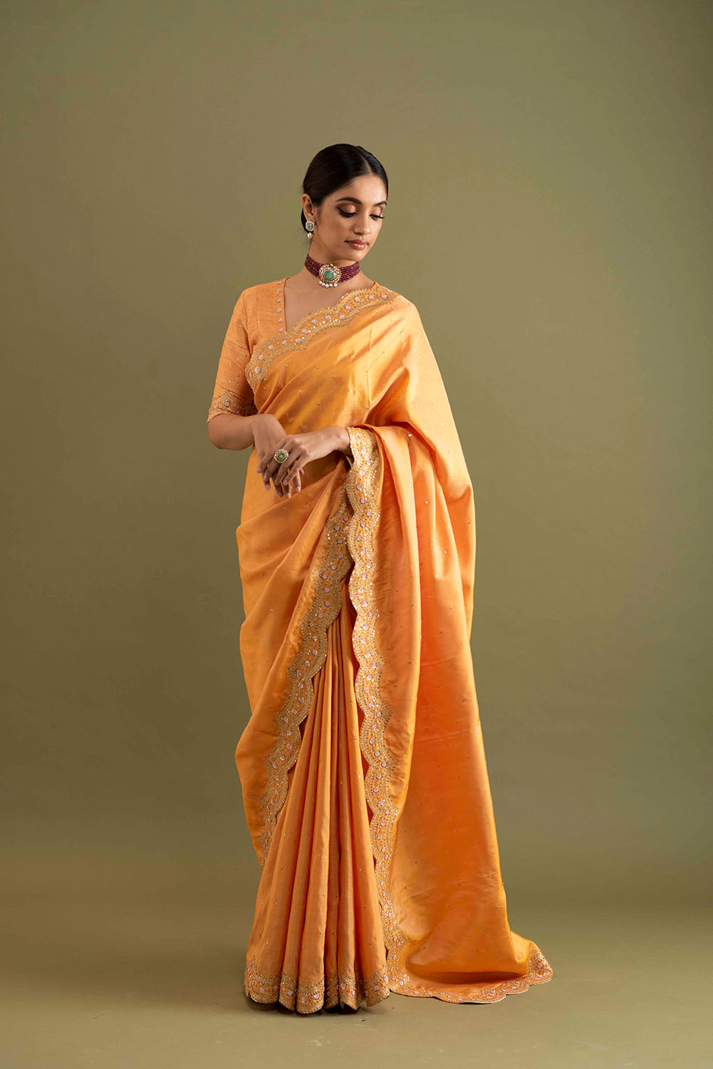 Scallop Embroidered Silk saree - Mustard Yellow