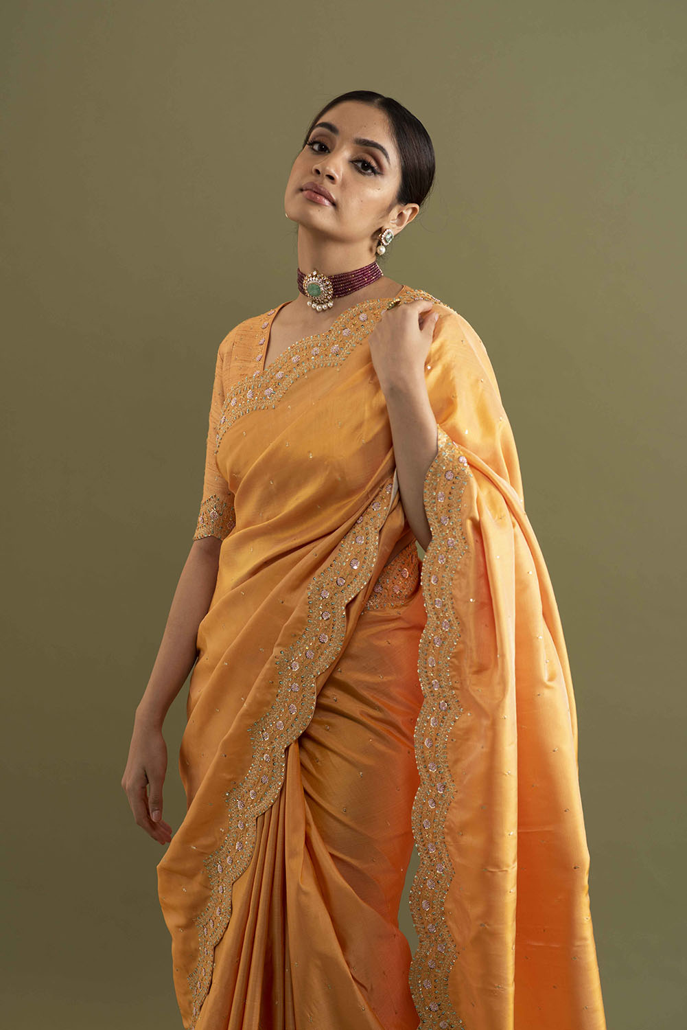 Scallop Embroidered Silk saree - Mustard Yellow