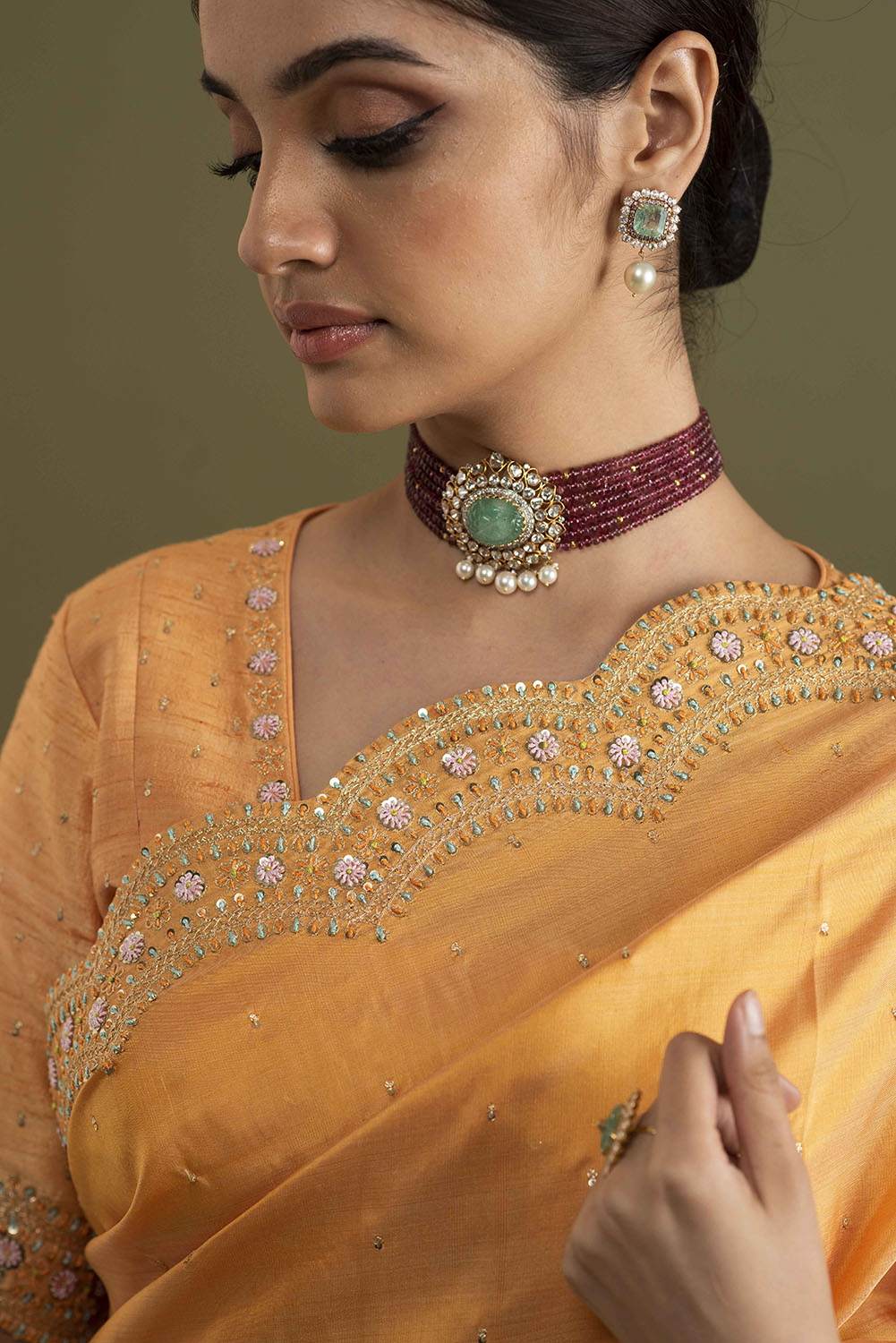 Scallop Embroidered Silk saree - Mustard Yellow