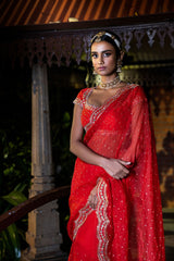 Scalloped Organza Embroidered Saree - Red