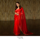 Scalloped Organza Saree with embroidered blouse - Red