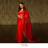 Scalloped Organza Saree with embroidered blouse - Red