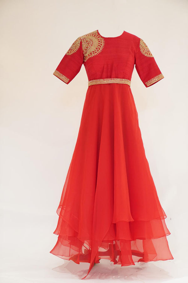 Red layered embroidred long organza dress with belt