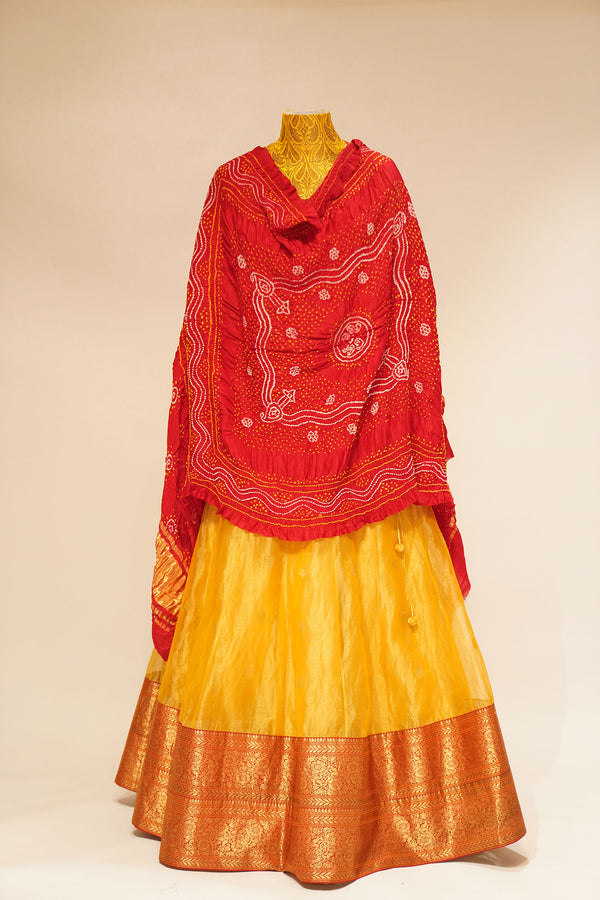 Red and Yellow kanchi lehanga with banaras duppata