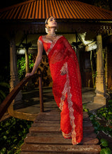 Scalloped Organza Embroidered Saree - Red
