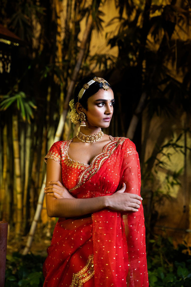 Scalloped Organza Embroidered Saree - Red