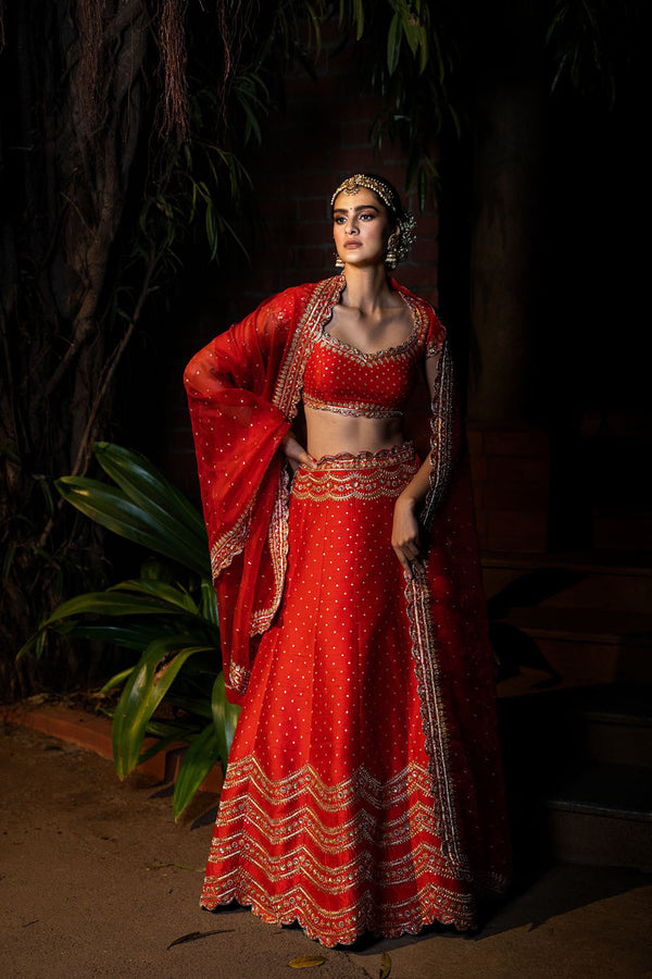 Scalloped Bridal Lehanga - Red